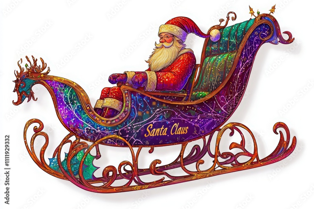 Santa Claus, dressed in his traditional red outfit, joyfully rides a vibrant sleigh adorned with festive designs.