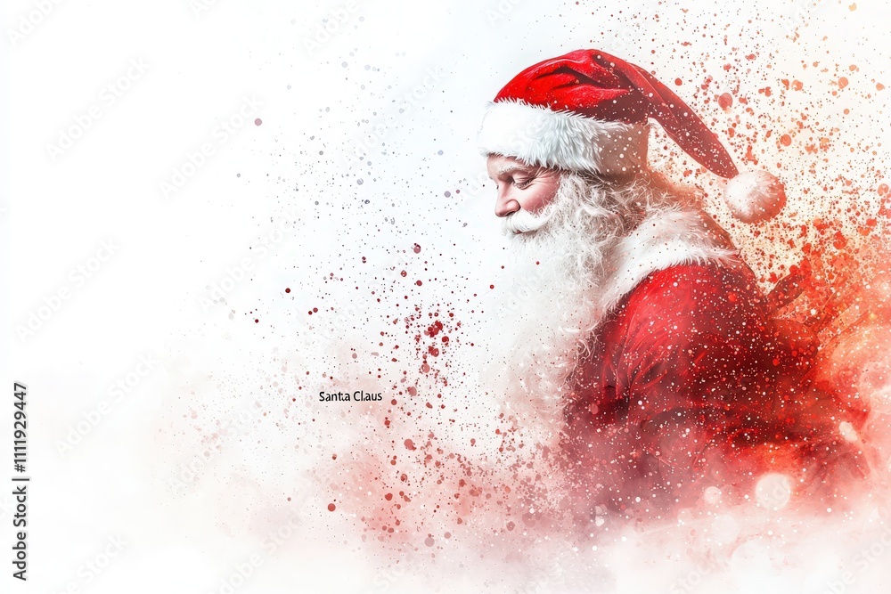 Santa Claus is portrayed in a thoughtful pose, surrounded by vibrant splashes of color. He embodies the spirit of Christmas with his classic attire and friendly demeanor, evoking warmth and joy.