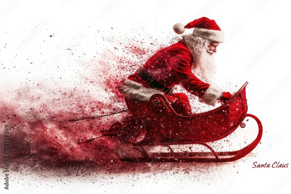 Santa Claus joyfully rides his red sleigh, moving swiftly through a snowy terrain filled with festive energy. This captures the essence of Christmas spirit and joy.