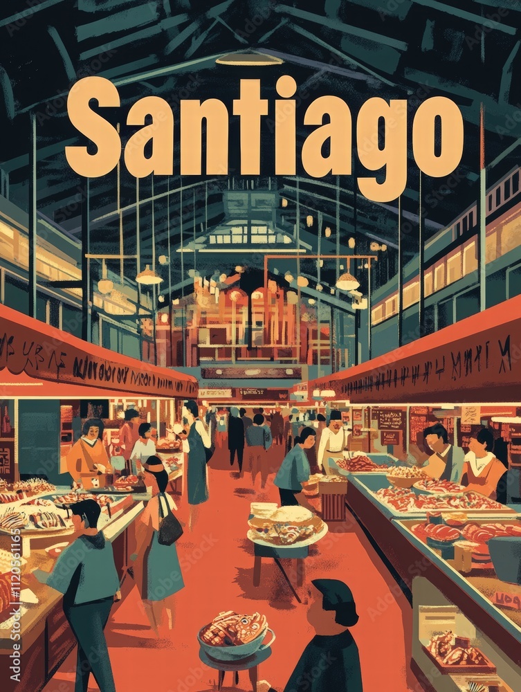 Santiagos market bustles with activity as vendors display fresh seafood, fruits, and vegetables.