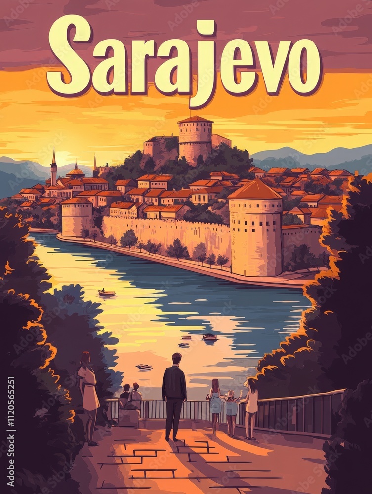 Sarajevo is illuminated by a vibrant sunset, showcasing its historical architecture. People enjoy leisure time by the water, creating a lively atmosphere amidst stunning views of the city.
