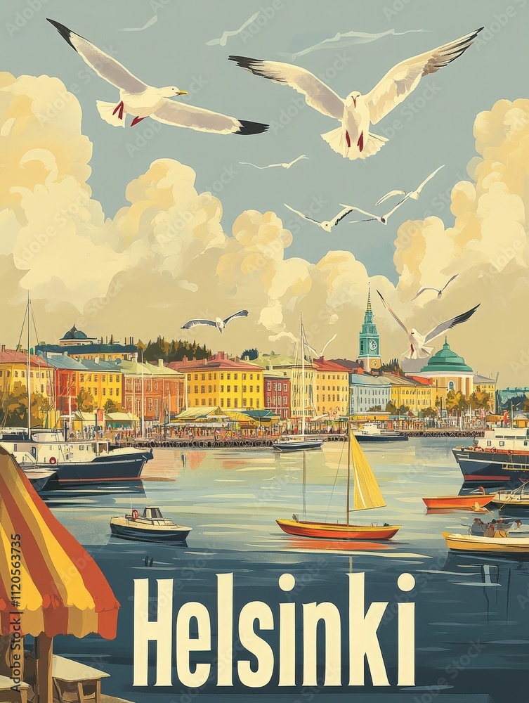 Seagulls soar over the serene harbor of Helsinki, where boats gently float. The sunset casts a warm glow on the historic architecture, creating a picturesque coastal atmosphere.