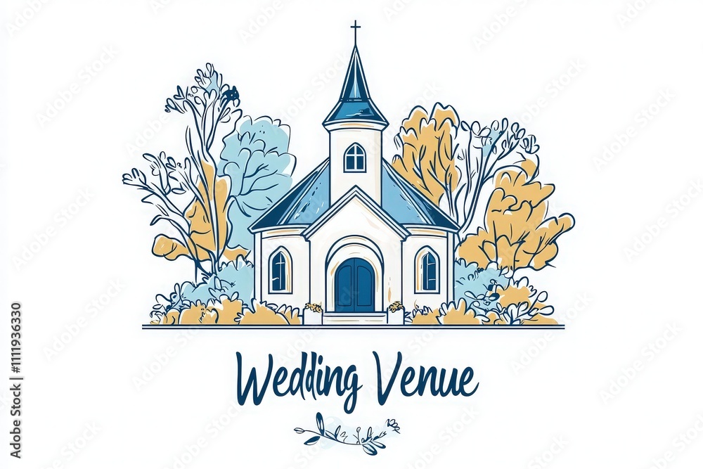 Set against a backdrop of colorful trees, this wedding venue highlights a quaint chapel adorned with a steeple. The serene atmosphere creates a romantic setting for special celebrations.