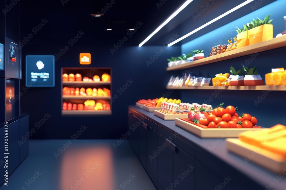 Shelves filled with colorful fruits and vegetables create a lively atmosphere in a modern grocery store. Bright lighting enhances the fresh appeal of the produce on display.