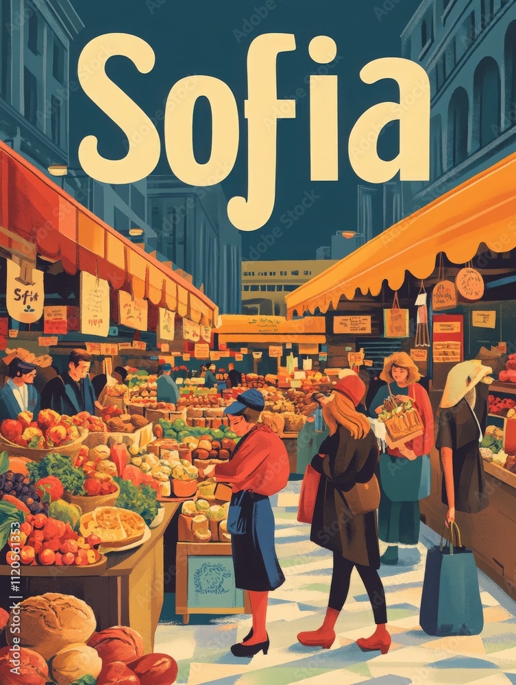 Shoppers browse colorful stalls filled with fresh fruits, vegetables, and local products in the bustling Sofia market. The lively atmosphere captures the essence of community and daily life.