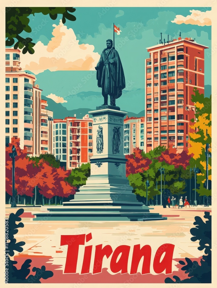 Skanderbeg Square is alive with rich history and contemporary buildings. The statue of the national hero stands proudly amidst colorful autumn foliage and city skyscrapers on a sunny day.