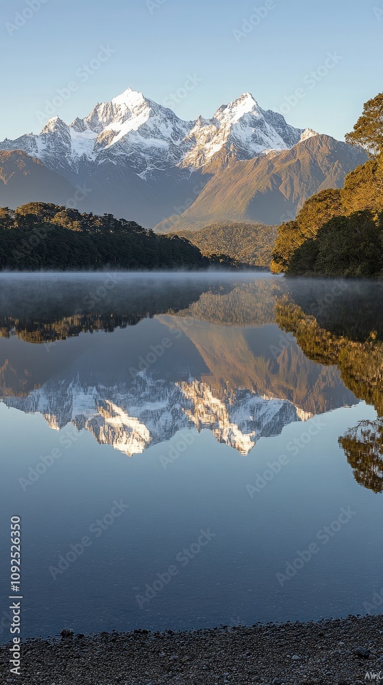 Snow-covered peaks rise majestically above a tranquil lake, their reflections perfectly mirrored. Lush greenery lines the waters edge under a clear blue sky at sunrise.