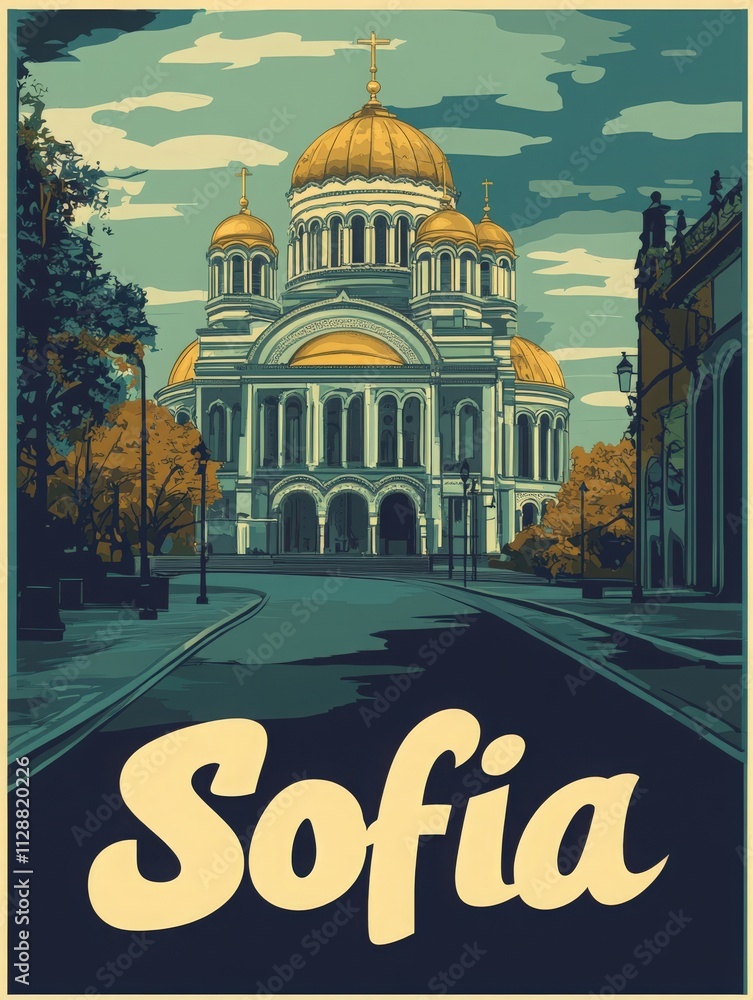Sofia is showcased with a stunning landmark featuring ornate golden domes under a colorful sky. The serene street is lined with trees, creating a peaceful atmosphere in the city.