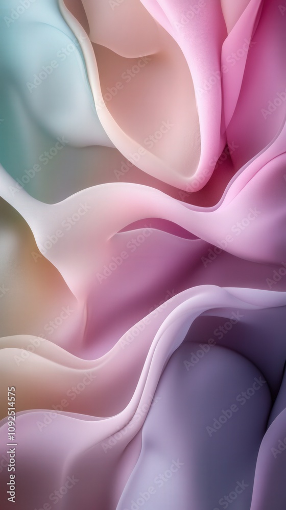 Soft and delicate folds of silk fabric display a gradient of pastel colors. The gentle curves and light flow create an elegant visual texture that evokes a serene atmosphere.