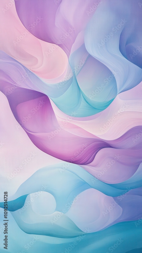 Soft, flowing waves of pastel colors blend seamlessly, creating a serene and calming atmosphere. The shades interconnect, evoking a sense of tranquility and fluidity.