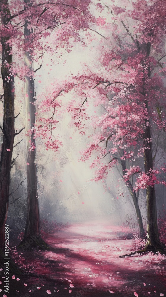 Soft light filters through a tranquil scene filled with vibrant cherry blossom trees. A peaceful path invites exploration, draped in delicate pink petals, creating a serene atmosphere.