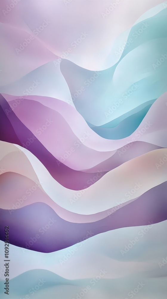 Soft pastel colors blend harmoniously in flowing waves creating an abstract design. The gentle gradients evoke a serene and calming atmosphere, inviting contemplation and creativity.