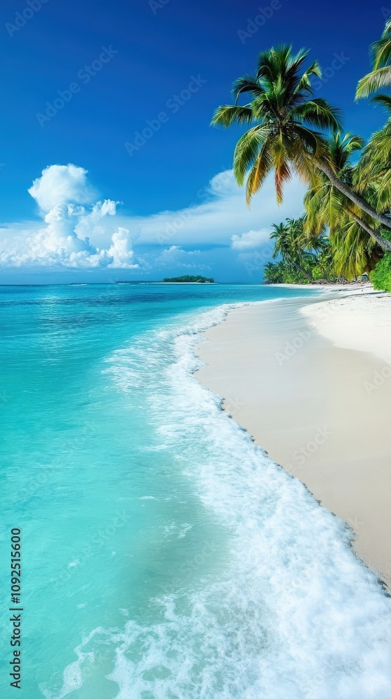 Soft waves gently lap at the sandy shore of a tropical beach. Lush palm trees provide shade while a vibrant blue sky enhances the serene atmosphere, inviting relaxation and exploration.