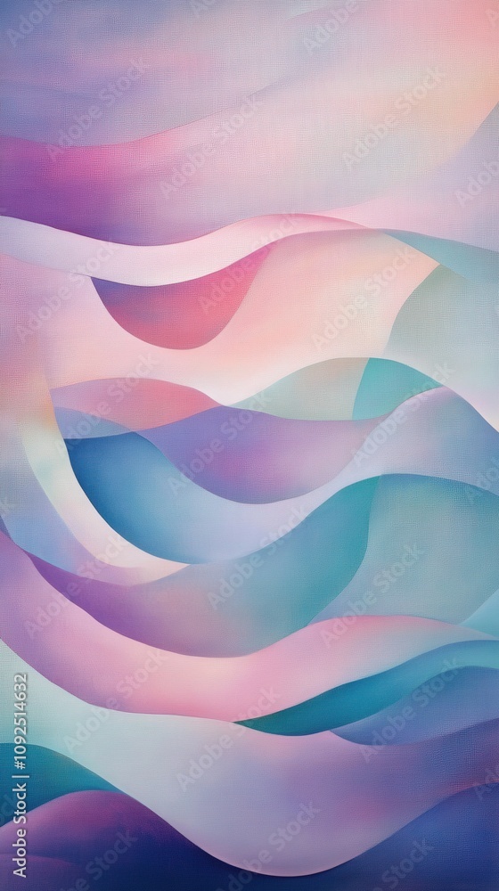 Soft waves of pastel colors blend seamlessly, evoking a sense of tranquility. The artwork features flowing shapes that transition gently from one hue to another, enhancing relaxation.