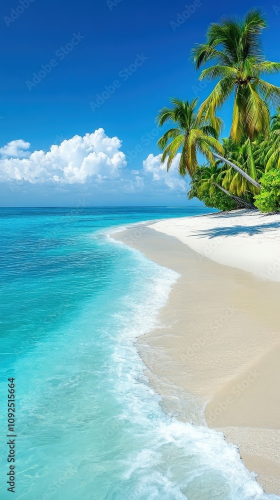 Soft white sand meets crystal clear turquoise waters at a tropical beach. Lush green palm trees provide shade beneath a vibrant blue sky dotted with fluffy clouds.
