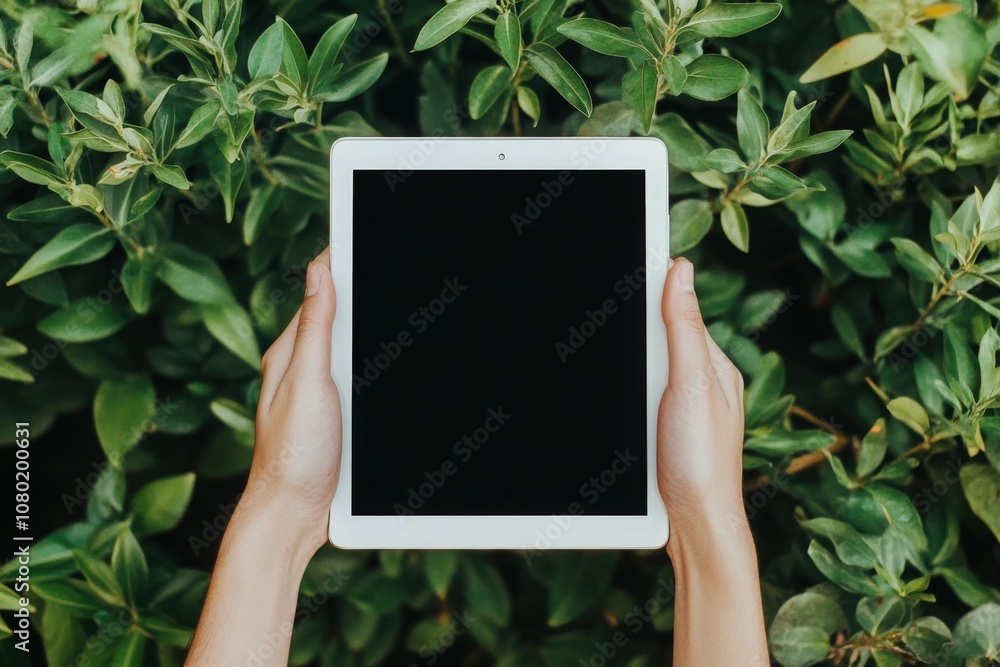 Someone is gently holding a tablet mockup surrounded by vibrant green leaves, showcasing a minimalist design. The soft beige background elevates the contemporary feel of this outdoor setting.