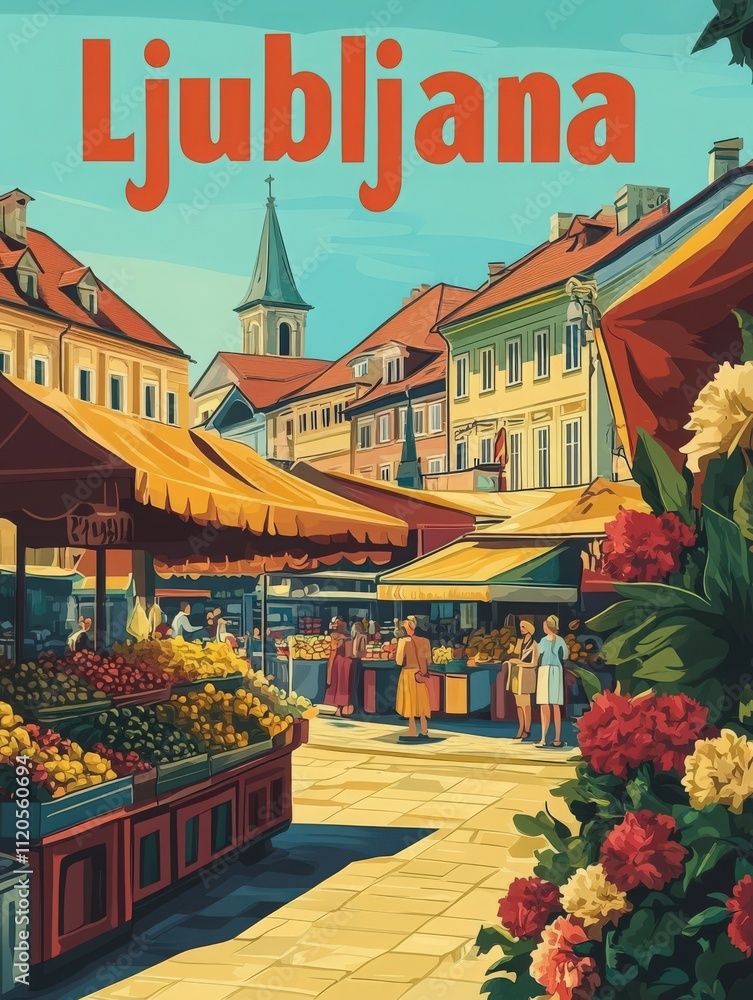 Stalls filled with fresh fruits and vibrant flowers attract visitors in a lively square in Ljubljana. The sun illuminates historical buildings and creates a cheerful atmosphere.