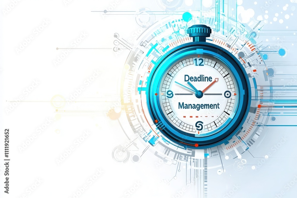Stopwatch displays deadline management as its central theme, surrounded by digital patterns and vibrant colors. This visual emphasizes the importance of time in project management.