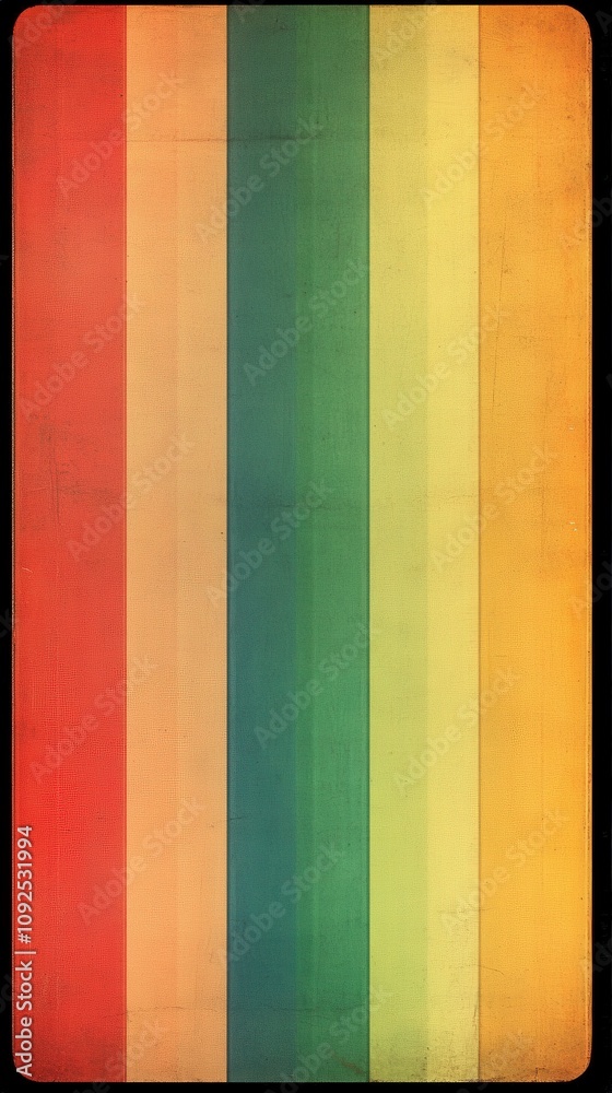 Stripes of various colors create a vibrant and retro-inspired background. The design features bold red, green, and yellow hues with a textured appearance, inviting creativity.