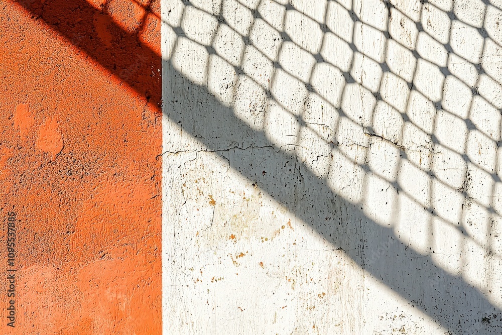 Sunlight casts intricate shadows from a fence onto a weathered wall. The contrast between orange and white textures highlights the beauty of everyday architecture and light.