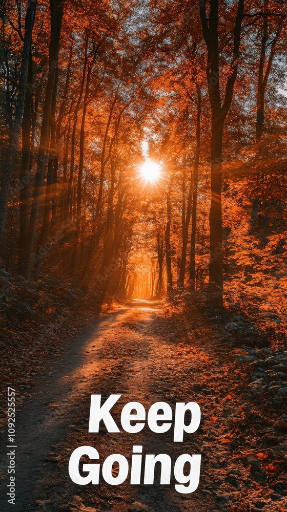 Sunlight filters through a canopy of trees in an autumn forest, illuminating a woodland path. The warm colors of fall create a peaceful atmosphere inviting exploration and reflection.