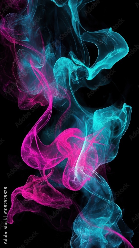 Swirling clouds of smoke in bright pink and blue create an abstract display against a deep black backdrop. The fluid movement and vibrant colors capture a dynamic and artistic essence.