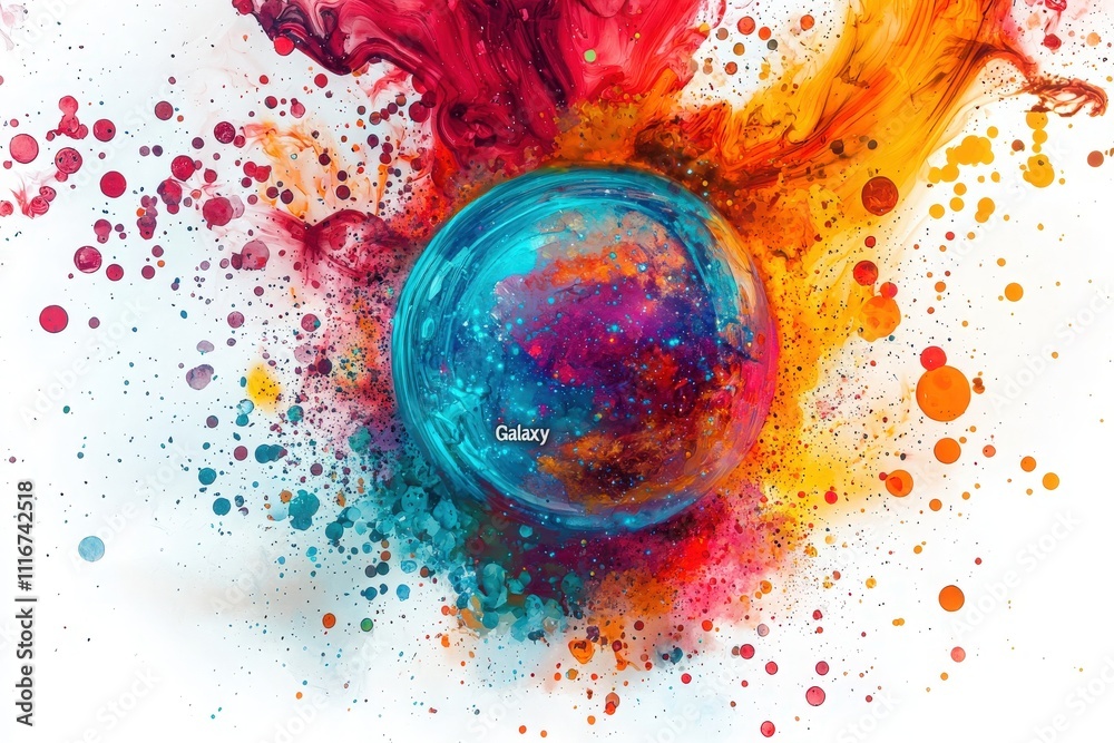 Swirling colors of red, orange, and blue create a dynamic representation of a galaxy set against a white background, emphasizing cosmic beauty and artistic flair.