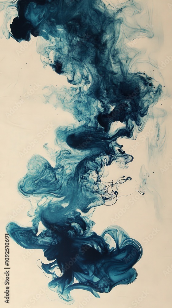 Swirling dark turquoise ink disperses elegantly in clear water, forming intricate, fluid shapes and patterns. The soft movement captures the beauty of liquid art in a seamless blend.