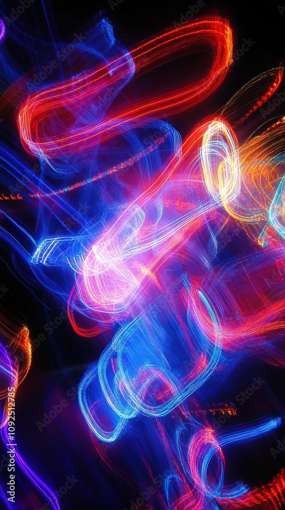 Swirling light trails in multiple colors create an energetic and dynamic abstract design against a dark background. The bright hues intertwine, forming interesting patterns and shapes.