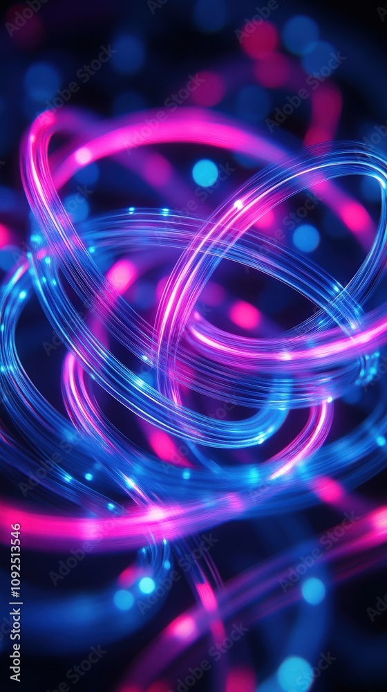 Swirling light trails in vibrant pink and blue hues create a mesmerizing visual effect against a dark background.