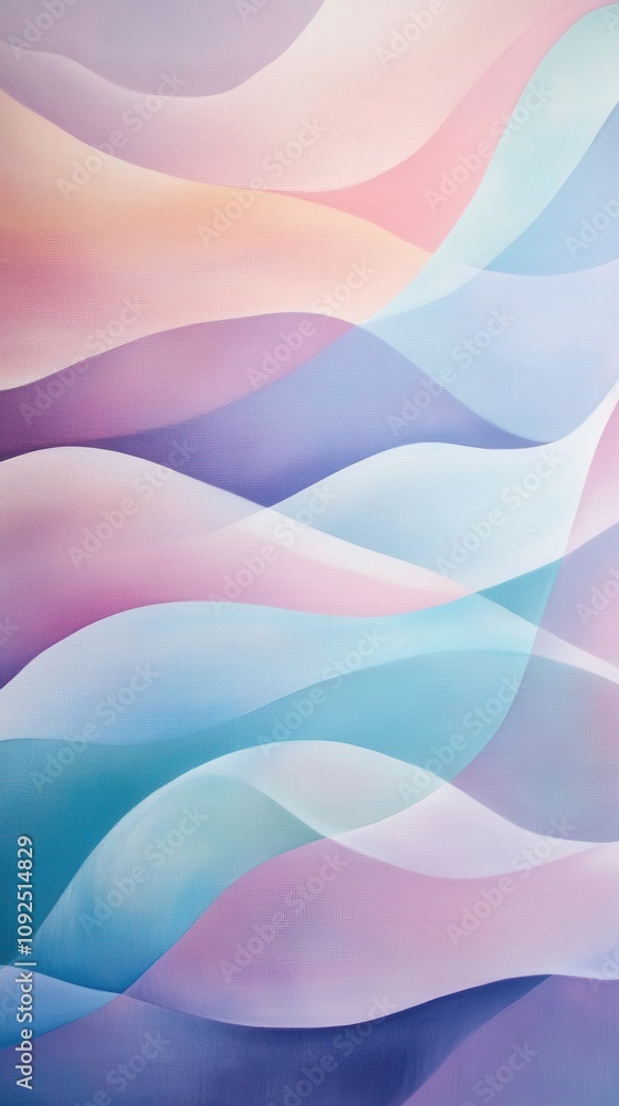 Swirling pastel waves in soft hues of pink, blue, and purple evoke a sense of tranquility. The artwork is displayed in a bright indoor space, enhancing its calming effect.