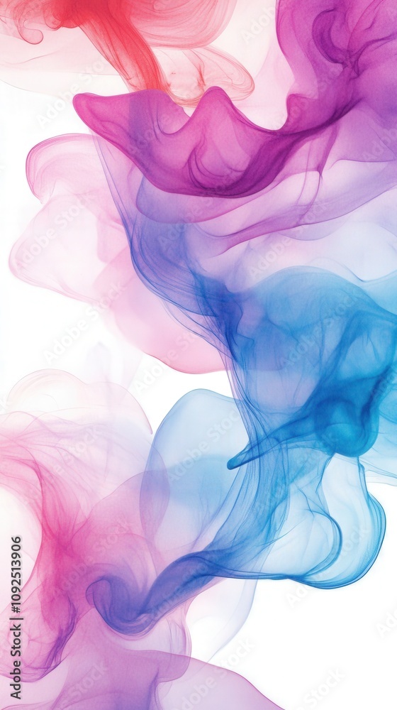 Swirling patterns of colorful smoke in shades of pink, purple, and blue cascade gracefully across a bright white background. The vibrant hues blend and intermingle, creating an ethereal effect.