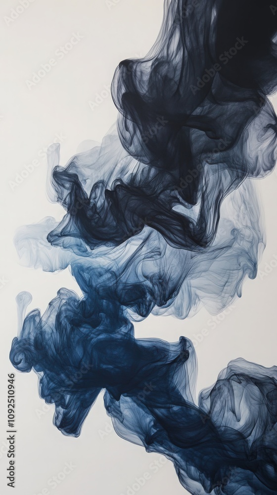 Swirling patterns of dark blue and black create an abstract visual display on a light background. The soft movement adds depth and intrigue to the artistic piece, captivating the viewers attention.