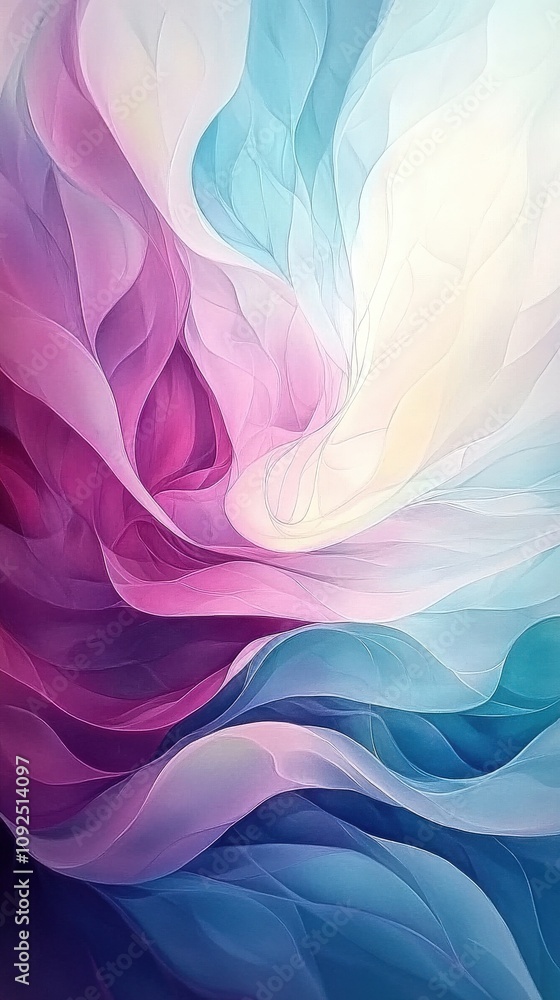 Swirling patterns of pastel hues blend seamlessly, showcasing shades of pink, purple, blue, and white. The artwork captures a sense of movement and tranquility, inviting contemplation.