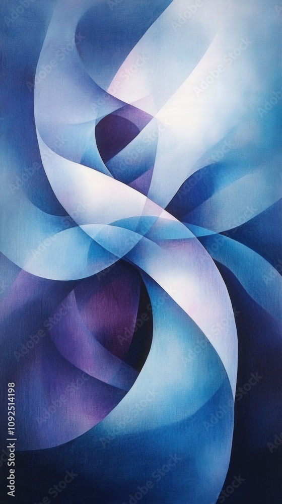 Swirling shapes intertwine to create a mesmerizing pattern in shades of blue and purple. The artwork conveys movement and depth, inviting viewers to explore its fluid design.