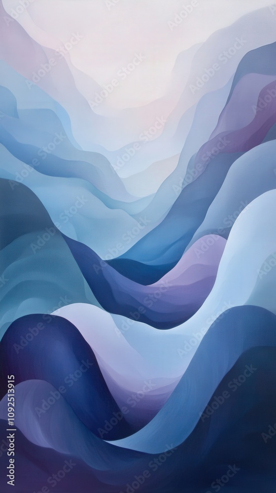 Swirling waves of blue and purple create a serene abstract landscape, evoking a peaceful atmosphere of layered mountains during early morning light.