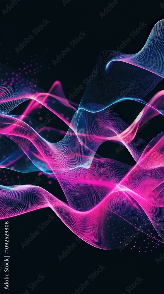 Swirling waves of pink and blue create an abstract composition against a dark background, evoking a sense of movement and rhythm in a digital art style.