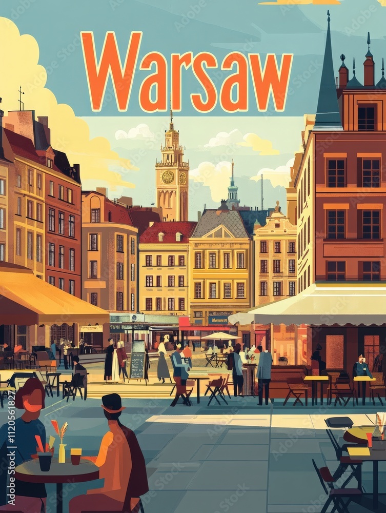 Tables are set up for outdoor dining in a lively square in Warsaw, featuring colorful buildings and historic landmarks. People enjoy drinks while soaking up the atmosphere in the heart of the city.