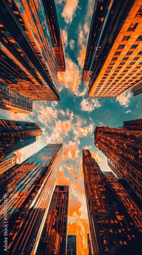 Tall buildings tower over a city street as the sun sets, casting warm hues of orange and gold across the cloud-filled sky. The urban environment buzzes with energy in the evening light.