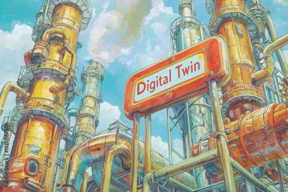 Tall industrial structures dominate the landscape, showcasing a mix of metal piping and tanks. A prominent sign reads Digital Twin, highlighting advanced technology in a bright environment.