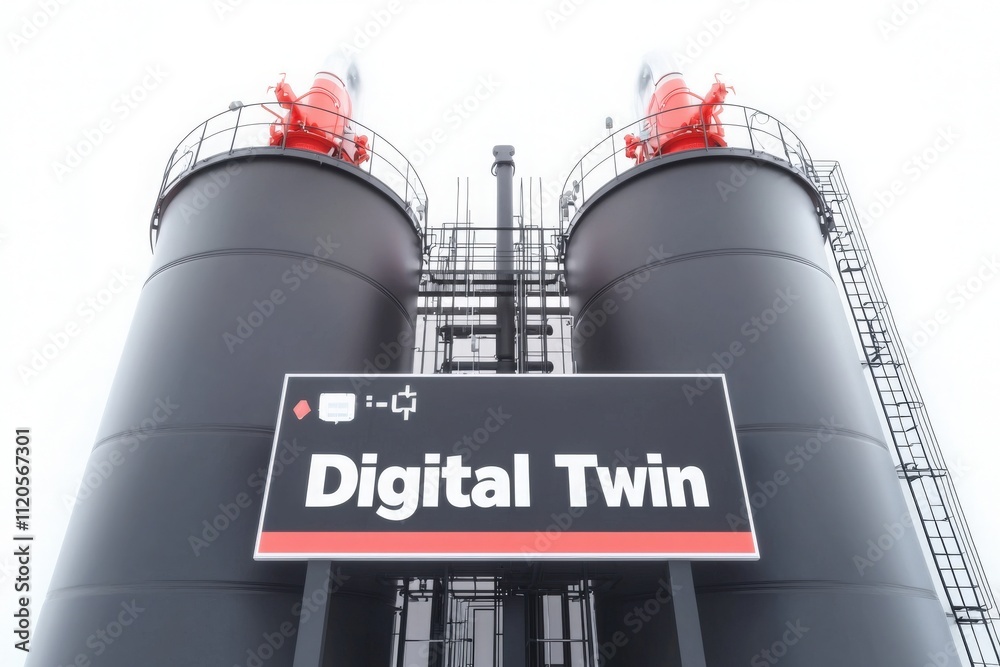 Tall industrial towers with red and black accents dominate the landscape, featuring a prominent sign that reads Digital Twin.