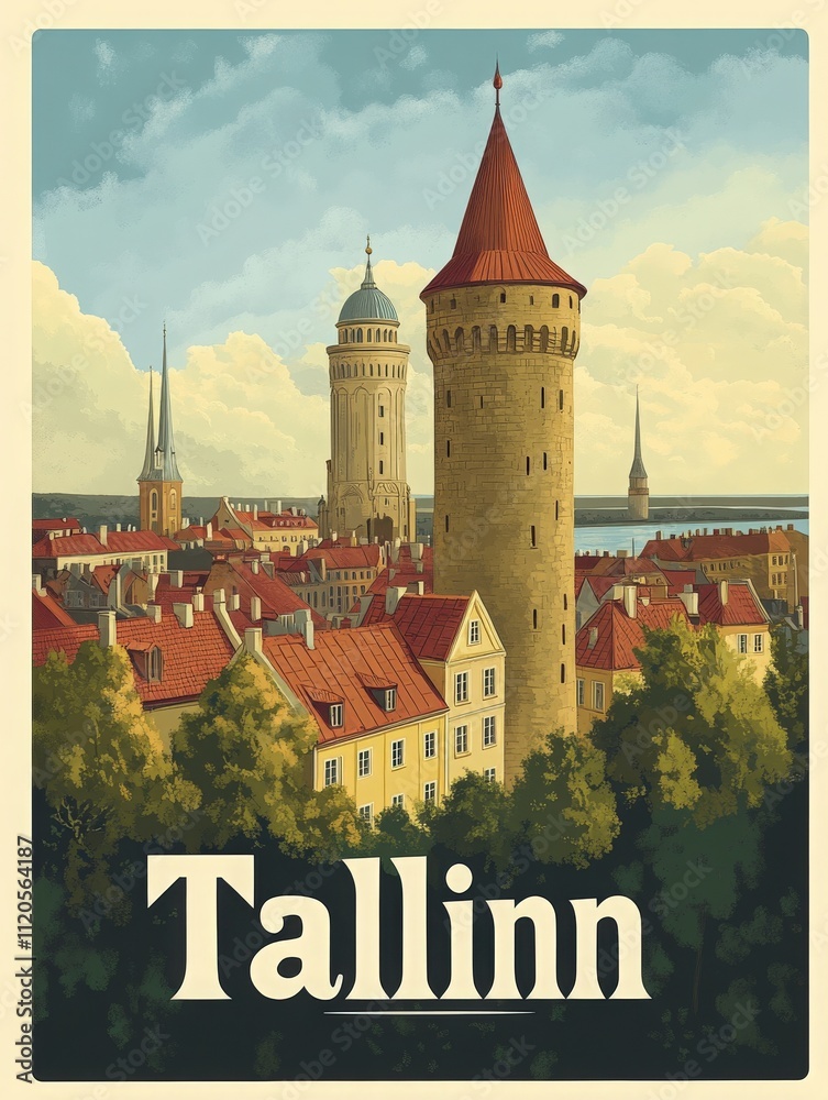 Tallinns skyline showcasing its unique medieval towers and colorful rooftops under a bright sky. The scene reflects the charm and history of Estonias capital city.