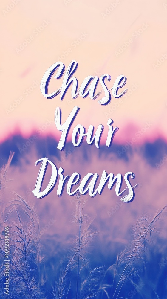 Text promoting inspiration appears in a field of soft grass at dusk, featuring calming pastel colors that evoke a sense of hope and ambition. Nature complements the uplifting message.