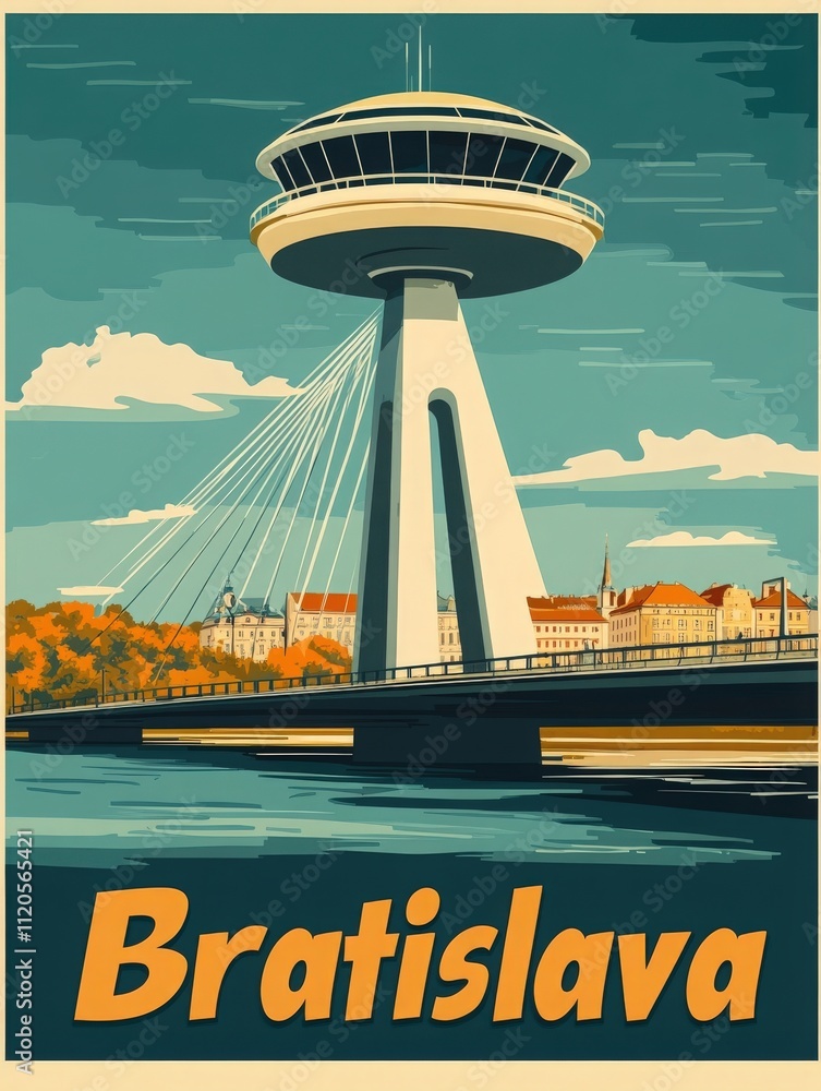 The UFO observation tower stands tall above the Danube River, overlooking Bratislava. Surrounding scenery includes colorful buildings, trees, and a clear sky, showcasing the citys charm.