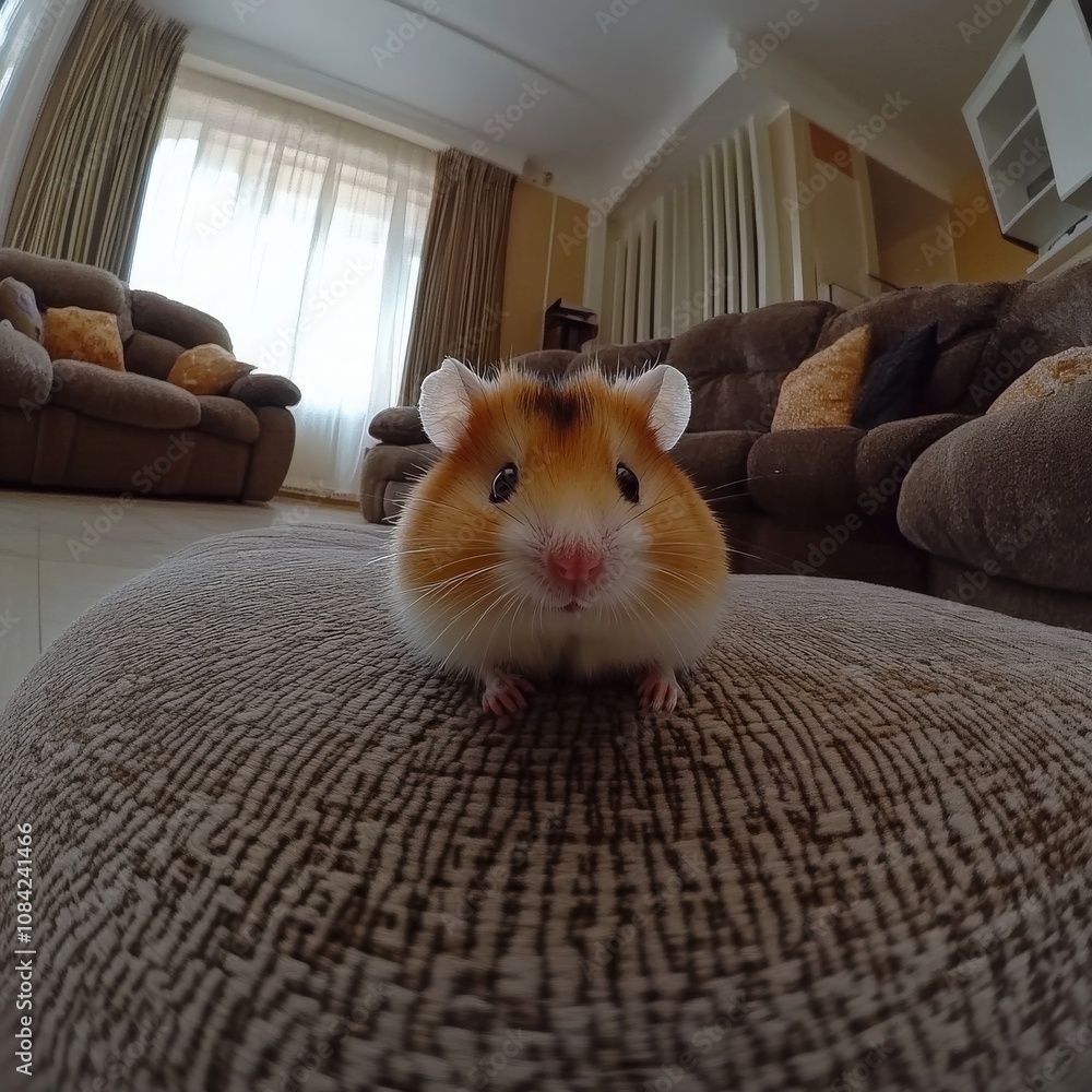 The adorable hamster makes its way across the soft couch surface, taking its time to explore the cozy living room. Sunlight filters through the curtains, creating a warm atmosphere.