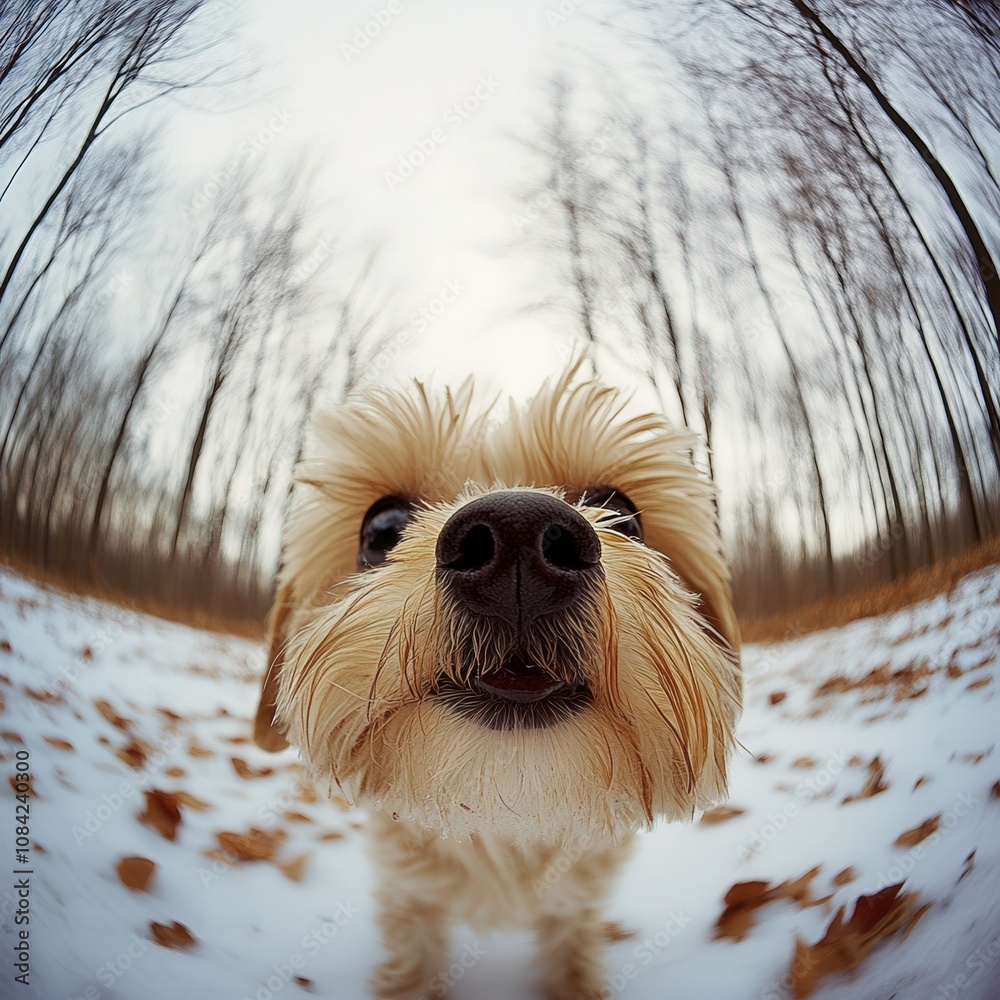 The adorable little dog curiously explores a snowy forest, surrounded by bare trees and scattered leaves on the ground. Its playful spirit shines through in the calm winter atmosphere.