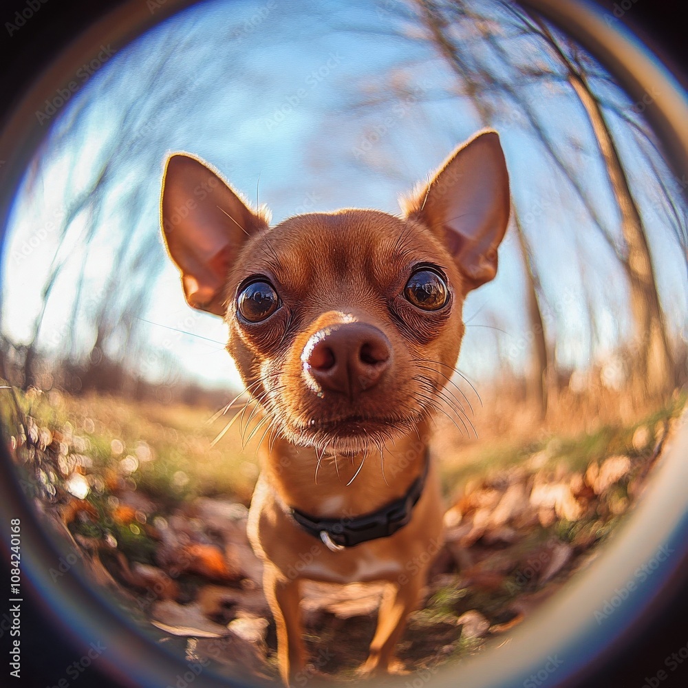 The adorable little dog playfully investigates its surroundings, surrounded by colorful autumn leaves. The sunlight creates a warm glow as it enjoys the beauty of nature.