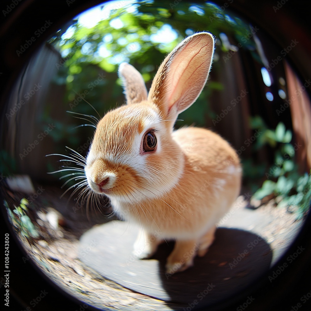 The adorable rabbit is curiously exploring its garden environment. The soft light captures its fluffy fur and attentive eyes as it moves slowly, enjoying the peaceful surroundings of nature.