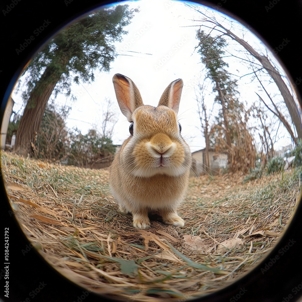 The adorable rabbit slowly moves through the garden, its fur blending with the fallen leaves. The atmosphere is calm as trees sway gently in the chilly autumn breeze around it.