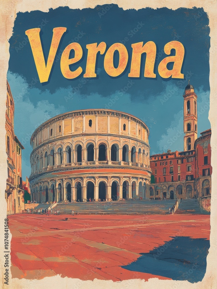 The artwork captures the iconic arena of Verona, surrounded by charming architecture, inviting travelers to discover the citys rich history and vibrant atmosphere.